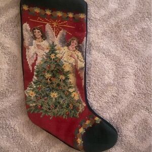 Festive Red Holiday Stocking with Angels and Tree